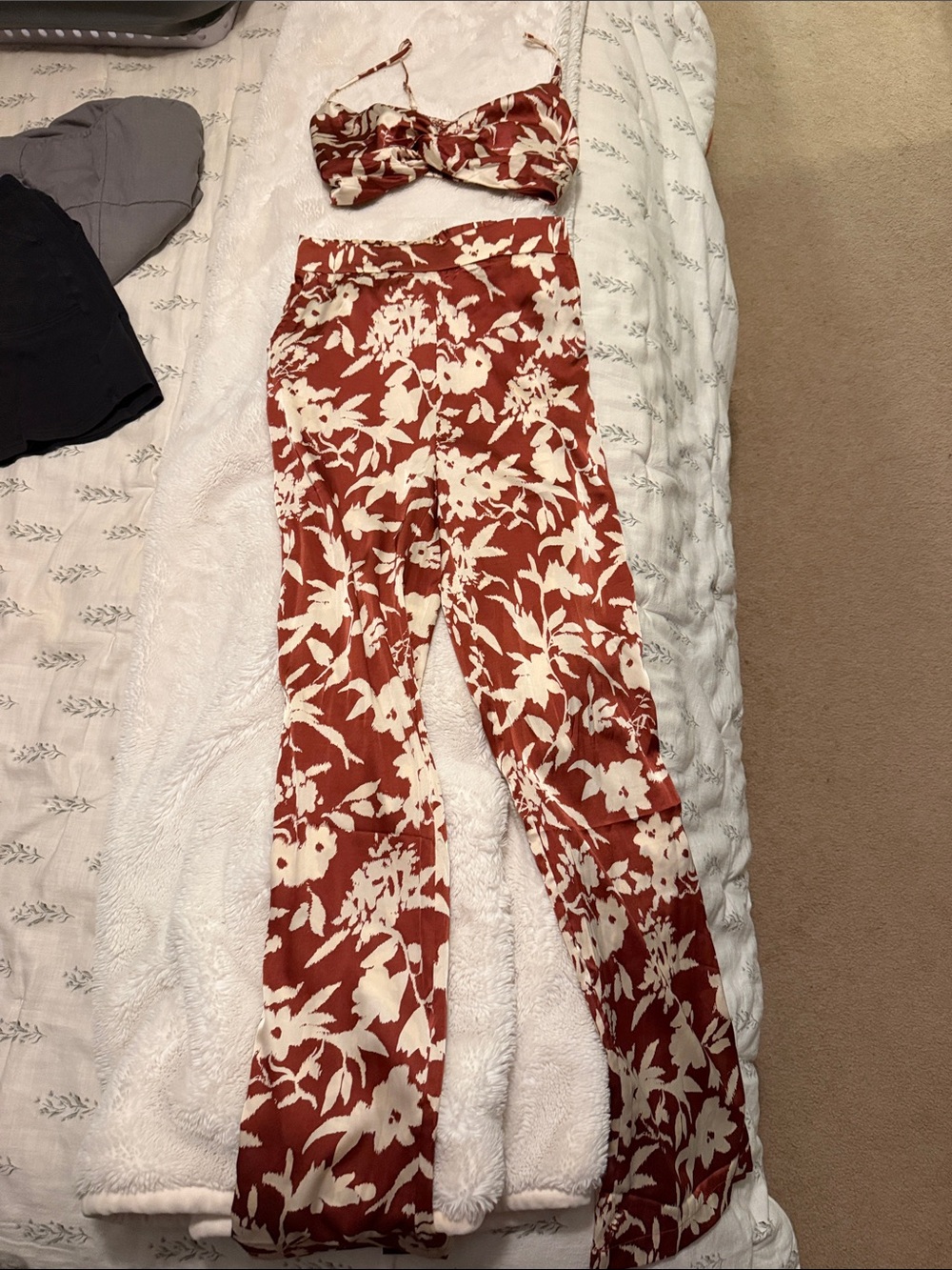 Floral Rust & Cream High-Waist Wide-Leg Pants with top
